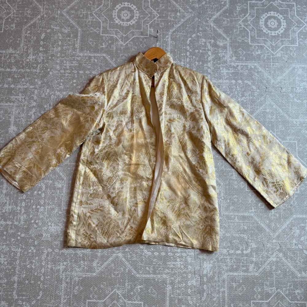 Vintage Gold Brocade Asian Inspired Jacket Coat‎ Pagoda Design Womens
